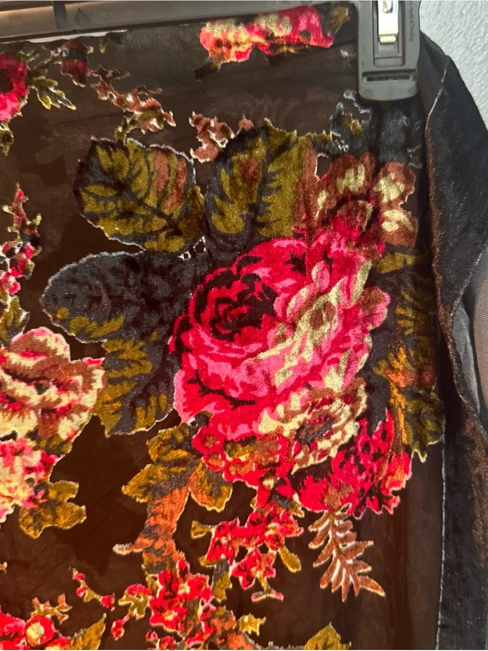 Vintage Black Velvet Burnout Floral Fringe Scarf with Pink and Green Roses